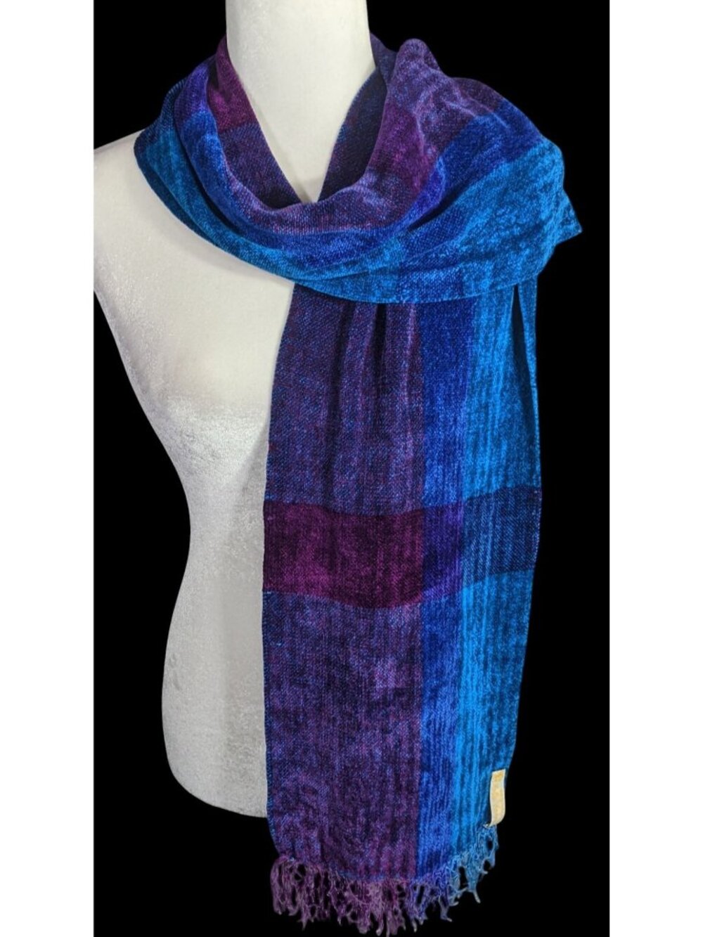 Cozy Ombre Handwoven By Polly Connell Blue & Purple Chenille Scarf With Fringe